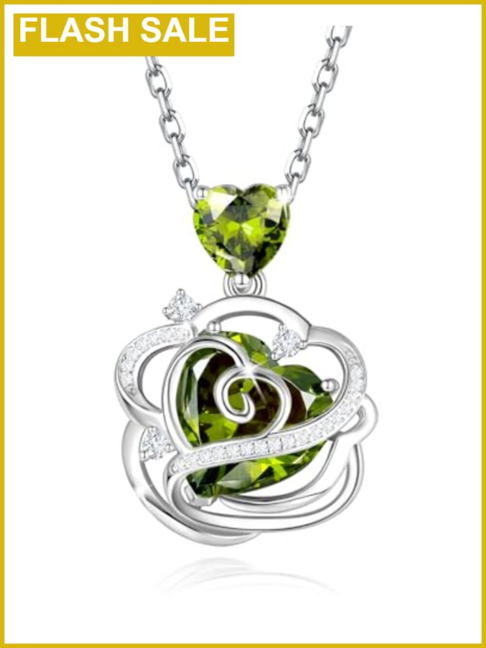 Sterling Silver White Gold Plated Peridot Heart Pendant Necklace Rose